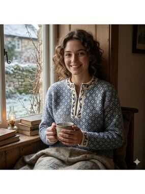 Alpaca Imports Womens Blue Fair Isle Pullover Sweater Wool Blend Floral Small S